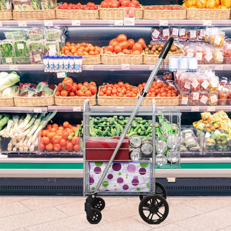 Heavy-Duty Dual-Basket Folding Shopping Cart – All-Terrain Wheels with 360° Swivel Mobility