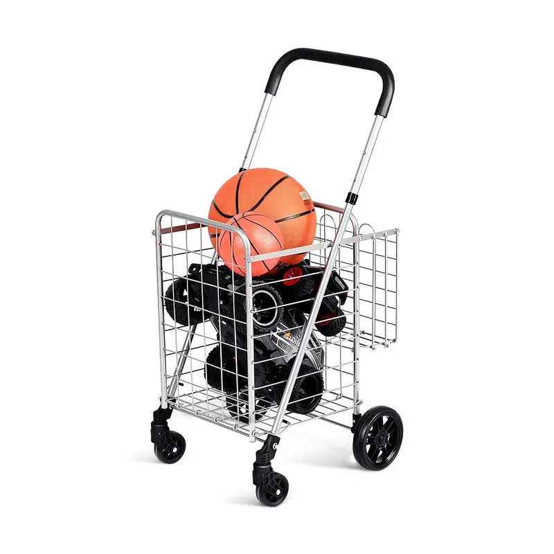 Heavy-Duty Dual-Basket Folding Shopping Cart – All-Terrain Wheels with 360° Swivel Mobility