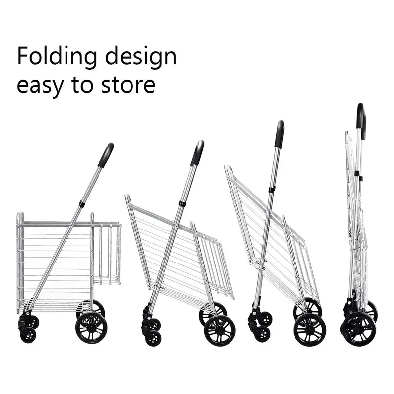 Heavy-Duty Dual-Basket Folding Shopping Cart – All-Terrain Wheels with 360° Swivel Mobility