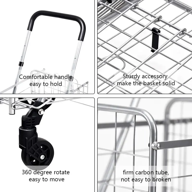 Heavy-Duty Dual-Basket Folding Shopping Cart – All-Terrain Wheels with 360° Swivel Mobility