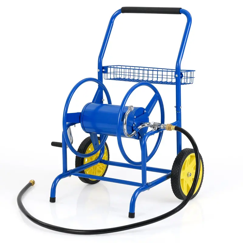 Heavy-Duty Rolling Hose Cart – Dual-Wheel Design with Storage Basket, Holds 230 ft of 5/8" Hose