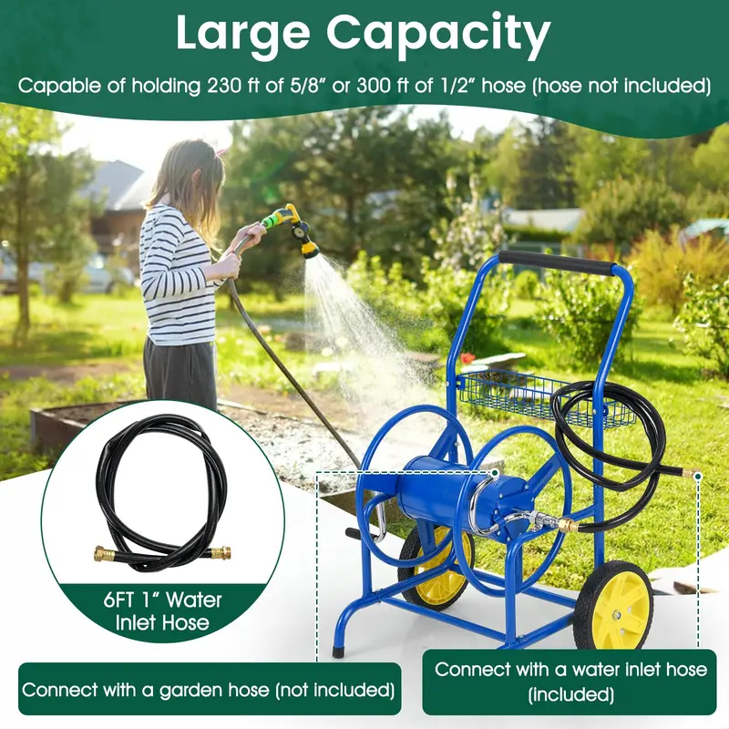 Heavy-Duty Rolling Hose Cart – Dual-Wheel Design with Storage Basket, Holds 230 ft of 5/8" Hose 2