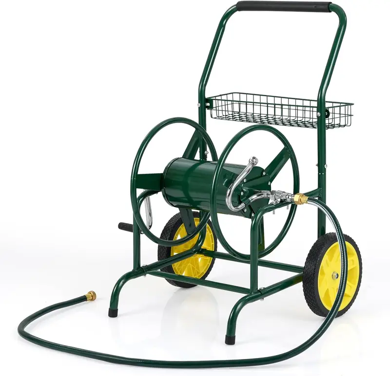 Heavy-Duty Rolling Hose Cart – Dual-Wheel Design with Storage Basket, Holds 230 ft of 5/8" Hose