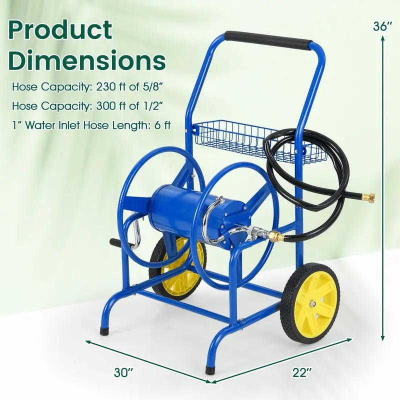 Heavy-Duty Rolling Hose Cart – Dual-Wheel Design with Storage Basket, Holds 230 ft of 5/8" Hose