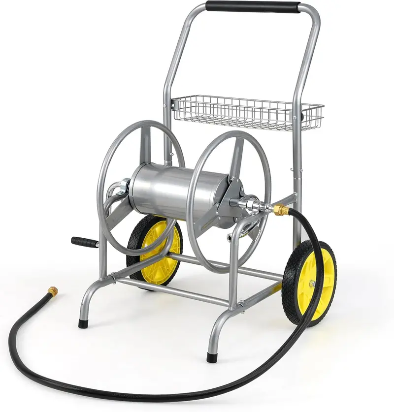 Heavy-Duty Rolling Hose Cart – Dual-Wheel Design with Storage Basket, Holds 230 ft of 5/8" Hose