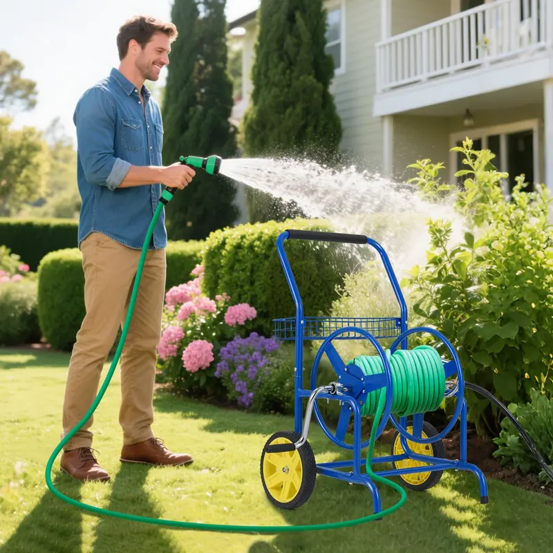 Heavy-Duty Rolling Hose Cart – Dual-Wheel Design with Storage Basket, Holds 230 ft of 5/8" Hose
