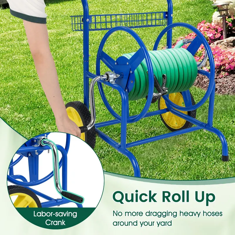 Heavy-Duty Rolling Hose Cart – Dual-Wheel Design with Storage Basket, Holds 230 ft of 5/8" Hose