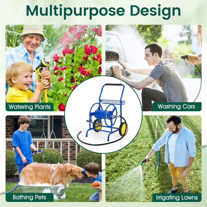Heavy-Duty Rolling Hose Cart – Dual-Wheel Design with Storage Basket, Holds 230 ft of 5/8" Hose