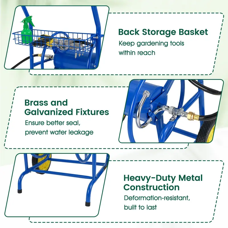 Heavy-Duty Rolling Hose Cart – Dual-Wheel Design with Storage Basket, Holds 230 ft of 5/8" Hose