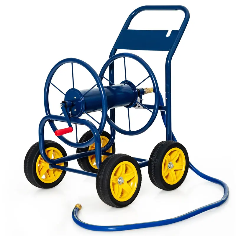 Heavy-Duty Rolling Hose Reel Cart Featuring Non-Slip Crank Mechanism and Four Sturdy Wheels