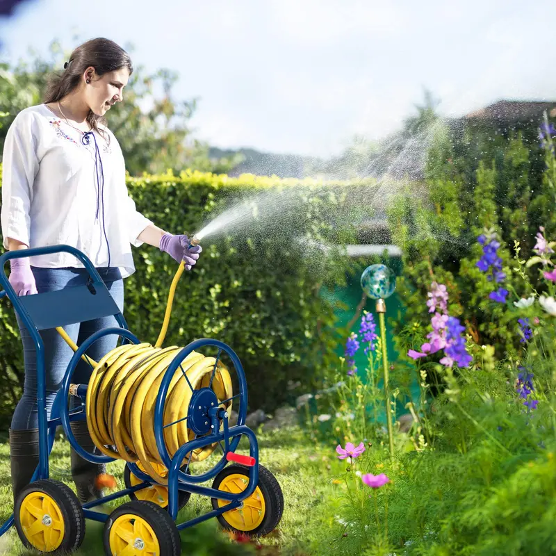 Heavy-Duty Rolling Hose Reel Cart Featuring Non-Slip Crank Mechanism and Four Sturdy Wheels 2