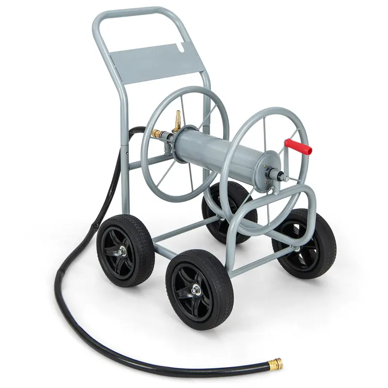 Heavy-Duty Rolling Hose Reel Cart Featuring Non-Slip Crank Mechanism and Four Sturdy Wheels