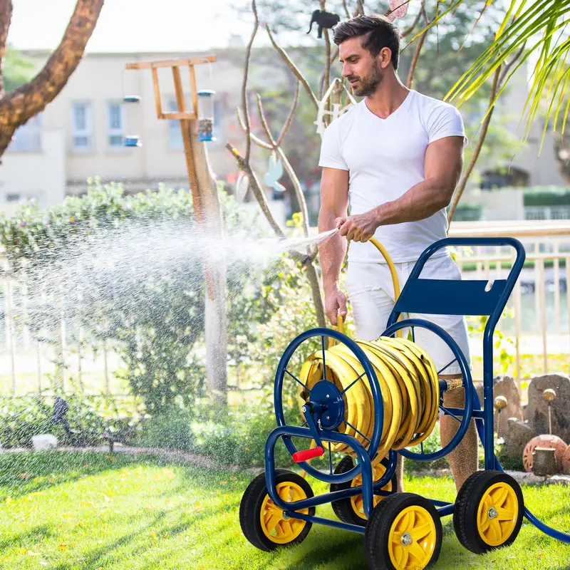 Heavy-Duty Rolling Hose Reel Cart Featuring Non-Slip Crank Mechanism and Four Sturdy Wheels
