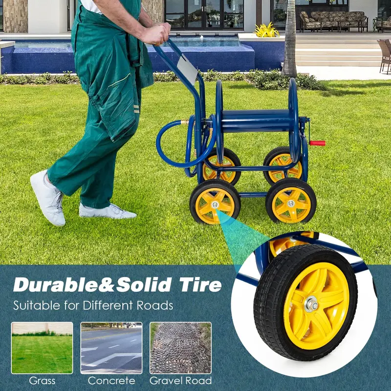 Heavy-Duty Rolling Hose Reel Cart Featuring Non-Slip Crank Mechanism and Four Sturdy Wheels