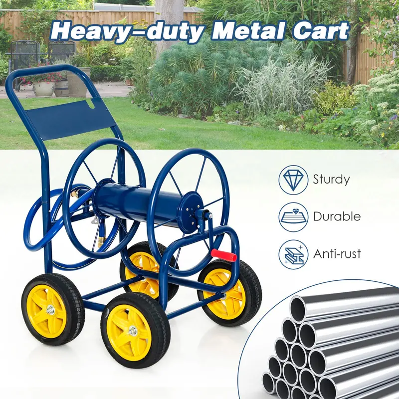 Heavy-Duty Rolling Hose Reel Cart Featuring Non-Slip Crank Mechanism and Four Sturdy Wheels