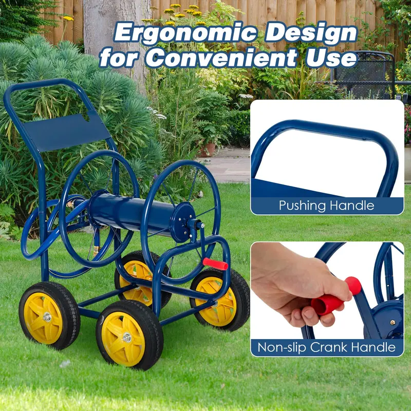 Heavy-Duty Rolling Hose Reel Cart Featuring Non-Slip Crank Mechanism and Four Sturdy Wheels