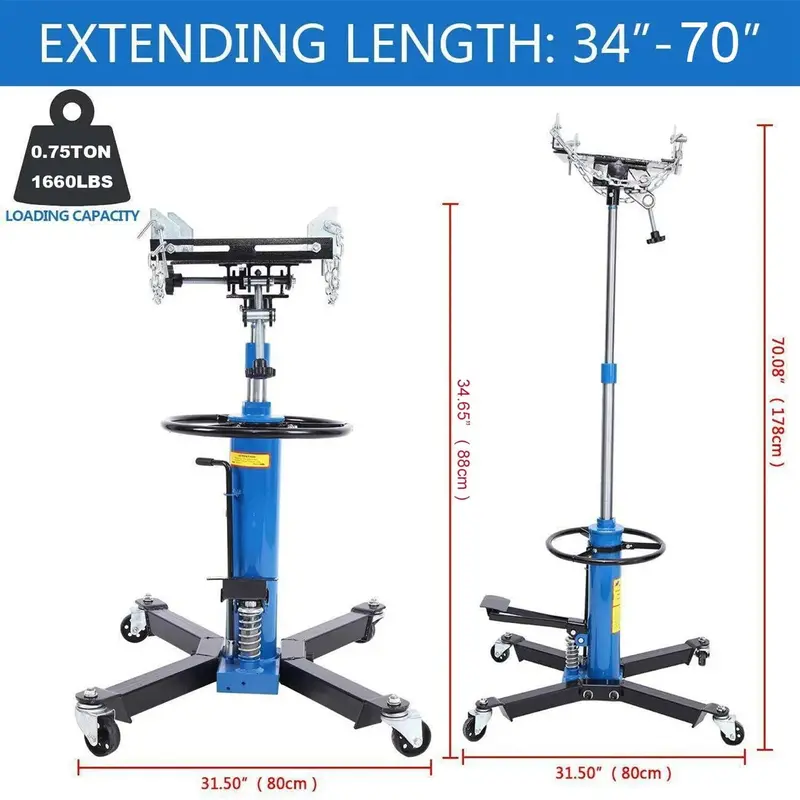 Heavy-Duty Vertical Hydraulic Transmission Jack – 1660-Lb Capacity, 360° Swivel Pedal, Adjustable Height (33"–70")