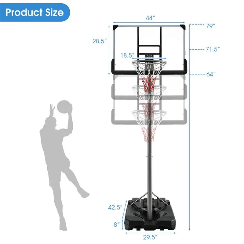 Height-Adjustable Portable Basketball Hoop – 64"–79" Range, 44" Wheeled Backboard for Patio or Pool Area