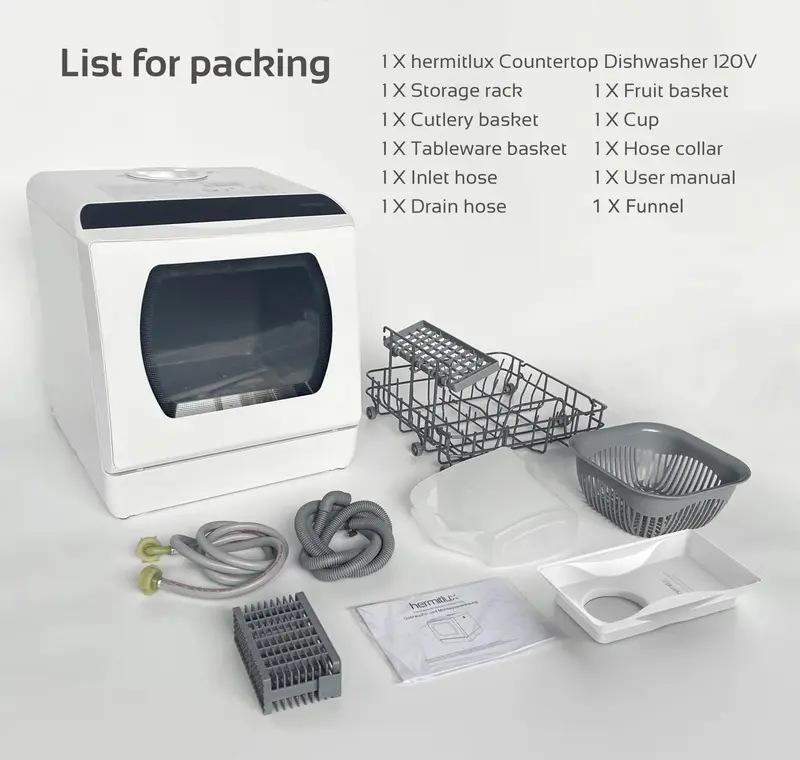 Hermitlux Space-Saving Countertop Dishwasher – 5L Integrated Water Reservoir & Quiet Operation