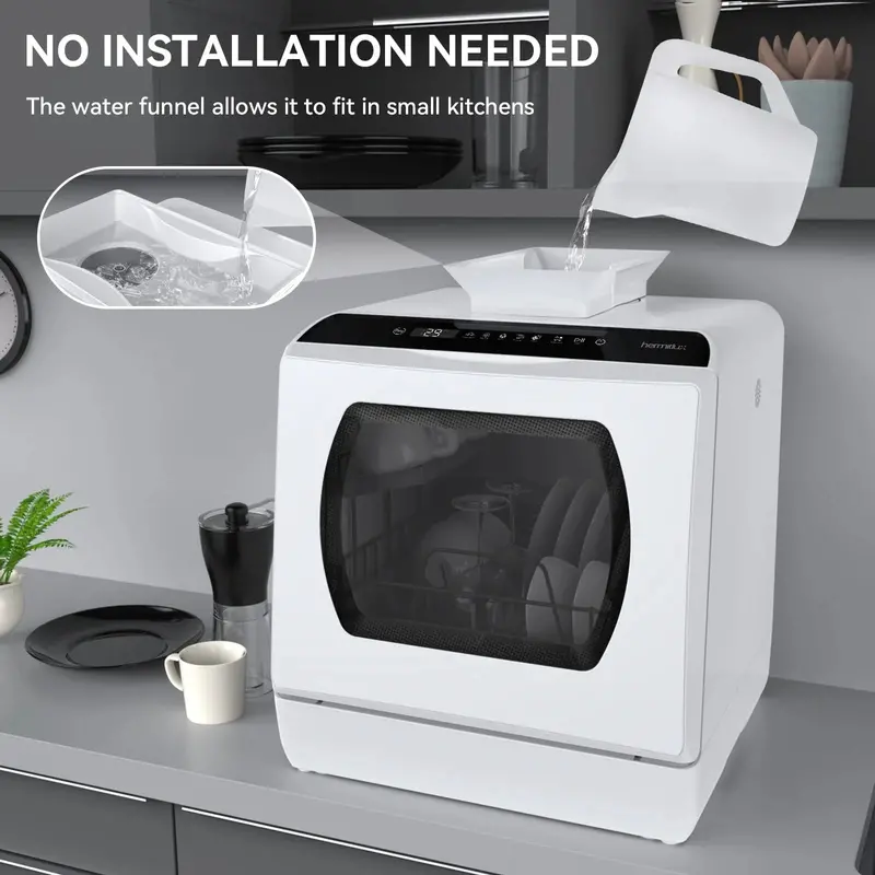 Hermitlux Space-Saving Countertop Dishwasher – 5L Integrated Water Reservoir & Quiet Operation