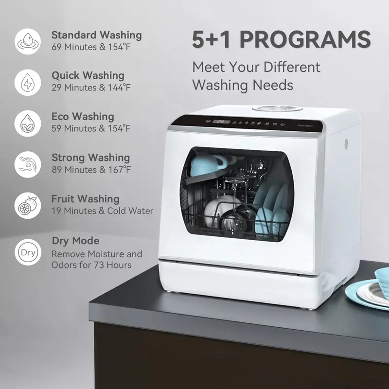 Hermitlux Space-Saving Countertop Dishwasher – 5L Integrated Water Reservoir & Quiet Operation