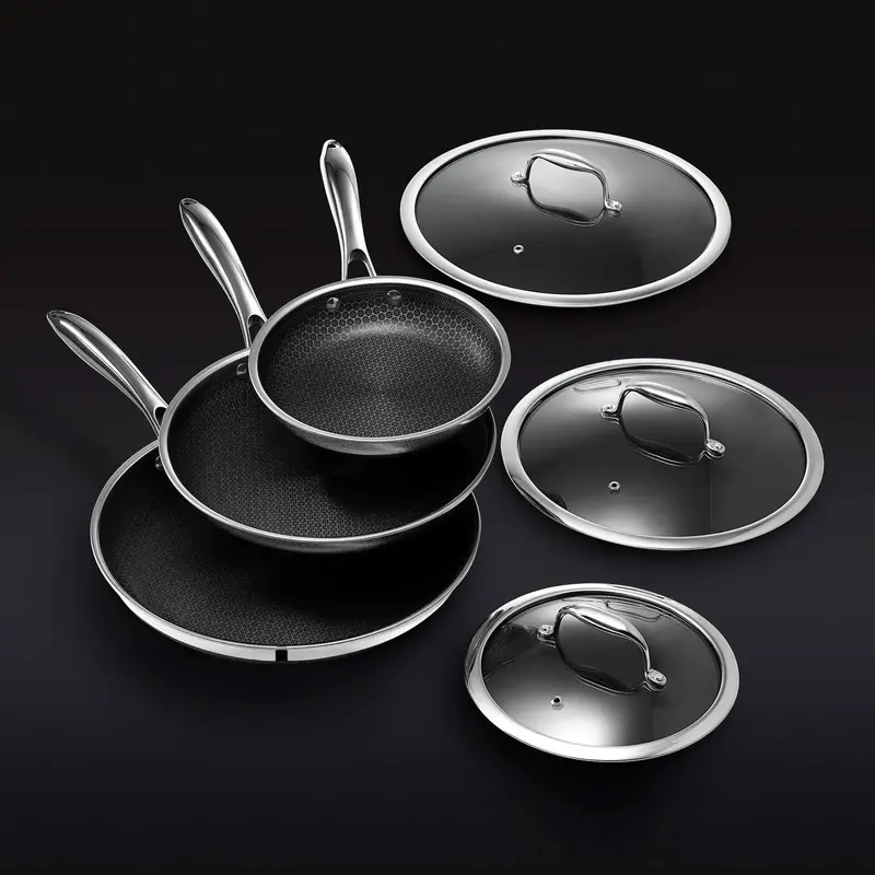 HexClad 6-Piece Hybrid Cookware Set – Stainless Steel Pans (8", 10", 12") with Tempered Glass Lids