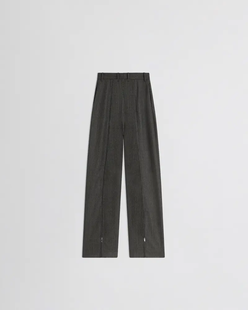 High-Waisted Grey-Brown Melange Trousers With Leg Zips 2
