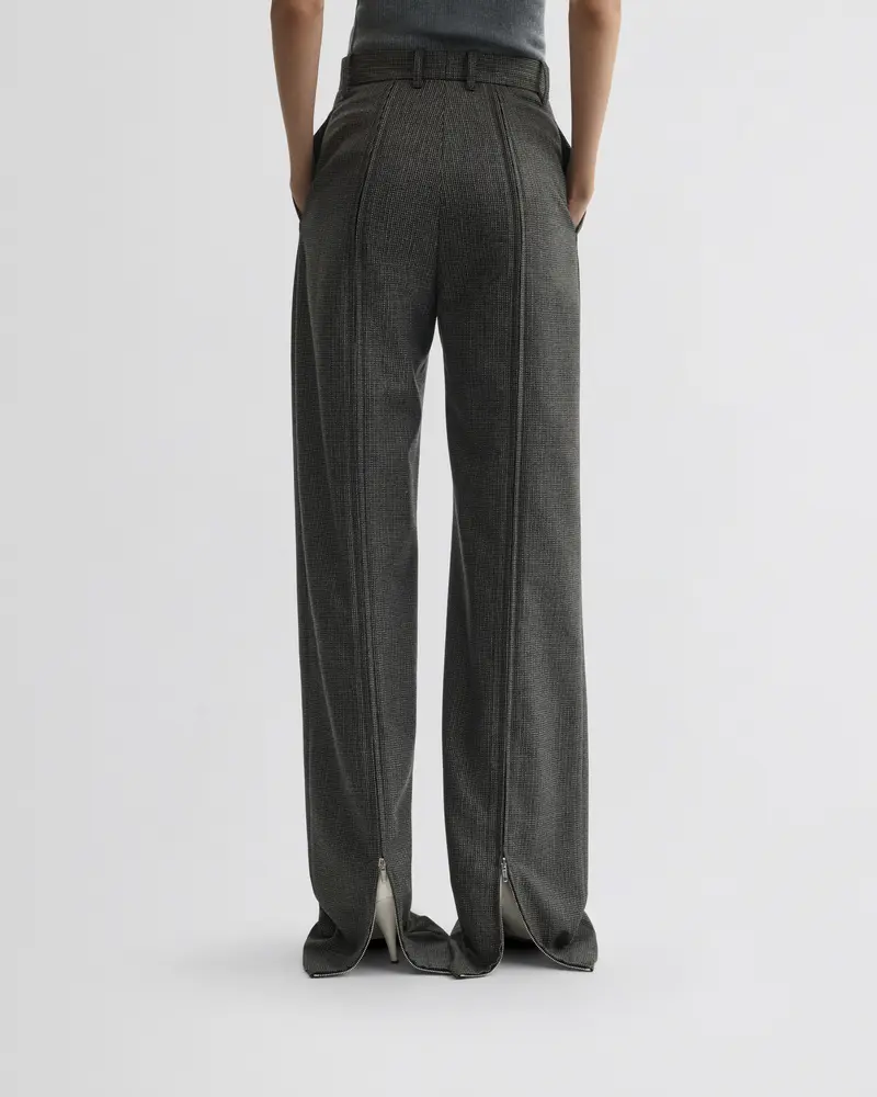 High-Waisted Grey-Brown Melange Trousers With Leg Zips