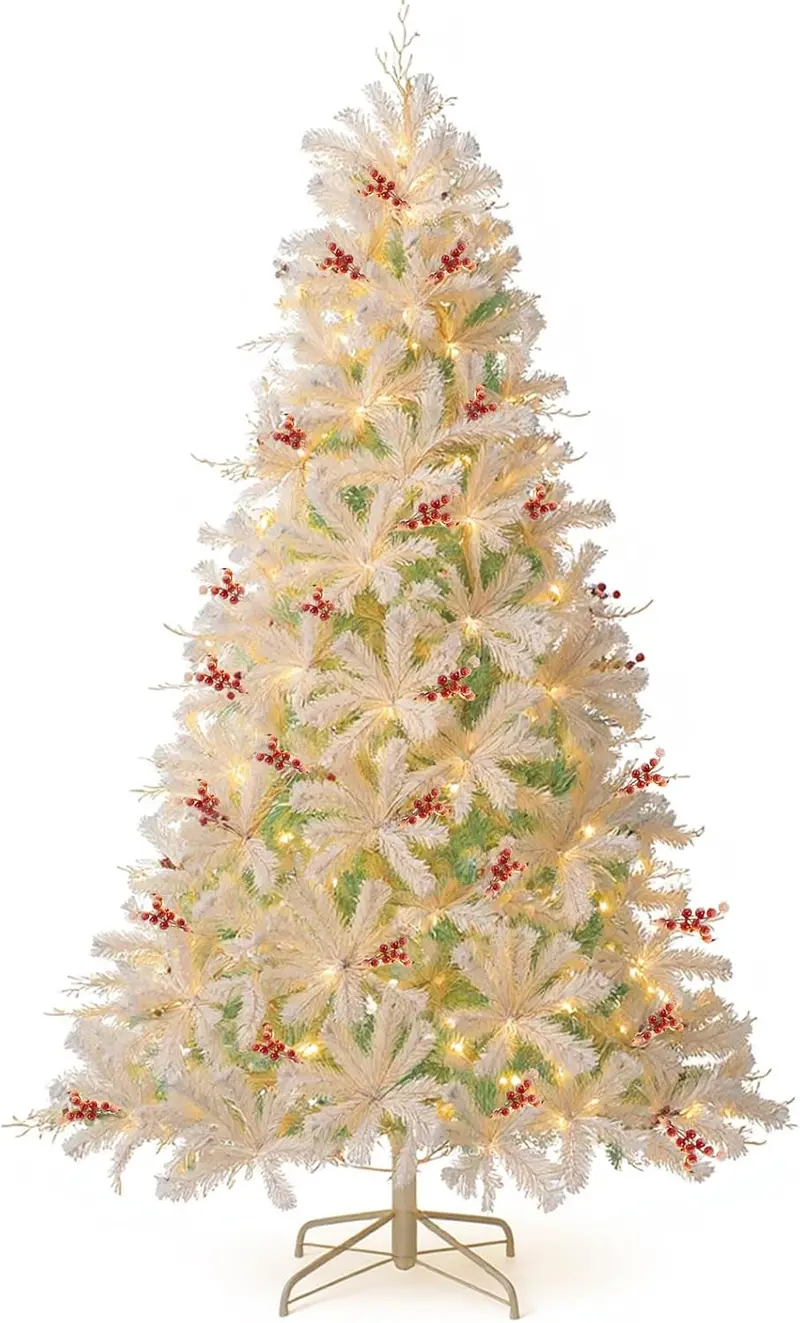 Hinged 6- or 7-Foot Pre-Lit Snow-Flocked Christmas Tree with Energy-Saving LEDs