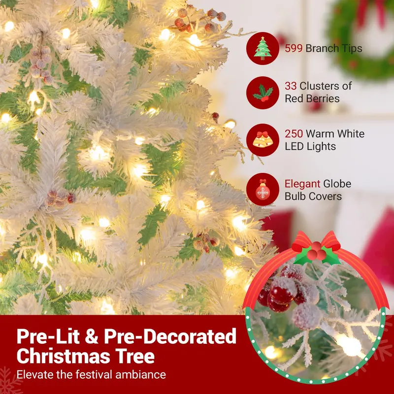 Hinged 6- or 7-Foot Pre-Lit Snow-Flocked Christmas Tree with Energy-Saving LEDs