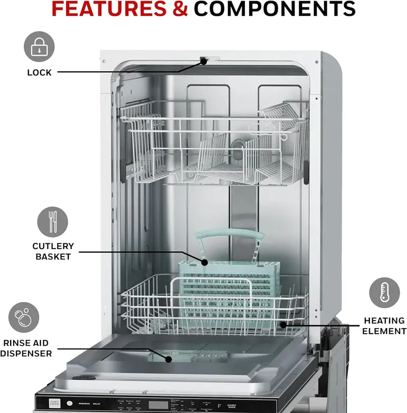 Honeywell 18" Energy Star Dishwasher – Stainless Steel Tub, 8-Place Setting Capacity, and 6 Custom Wash Programs