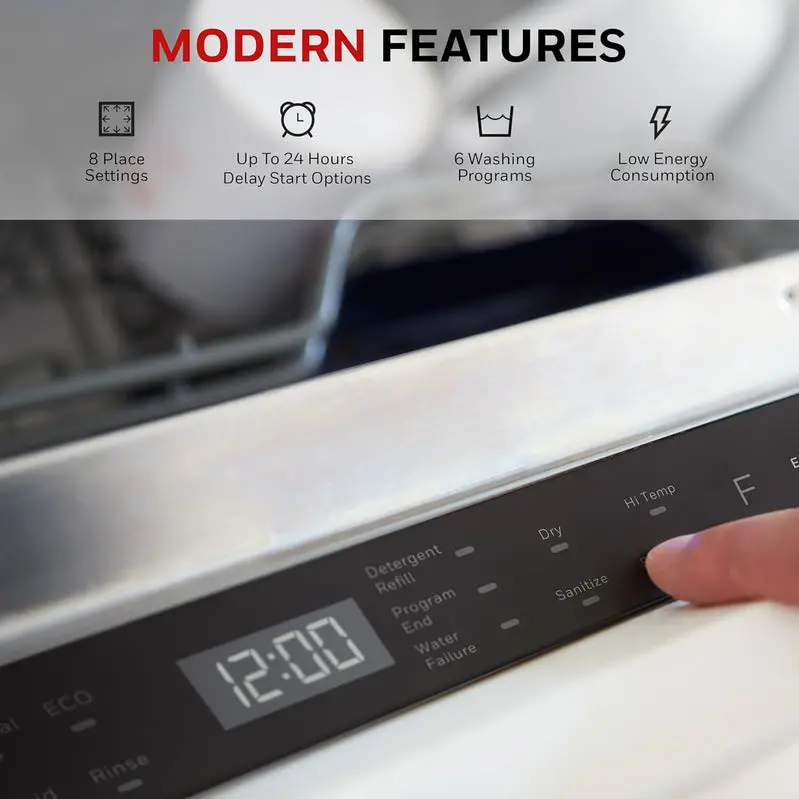 Honeywell 18" Energy Star Dishwasher – Stainless Steel Tub, 8-Place Setting Capacity, and 6 Custom Wash Programs