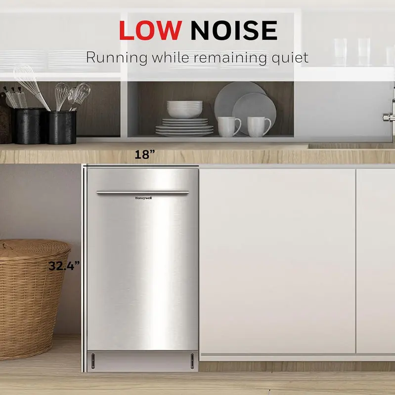 Honeywell 18" Energy Star Dishwasher – Stainless Steel Tub, 8-Place Setting Capacity, and 6 Custom Wash Programs