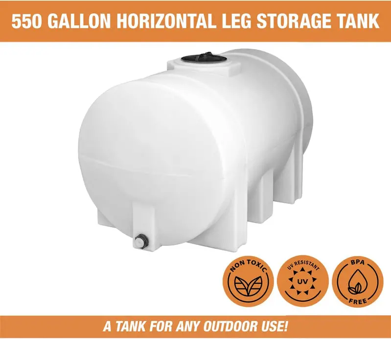 Horizontal Polyethylene Water Storage Tank – 550-Gallon Potable Water Tank, Leg-Mounted, Corrosion-Resistant, Made in the USA