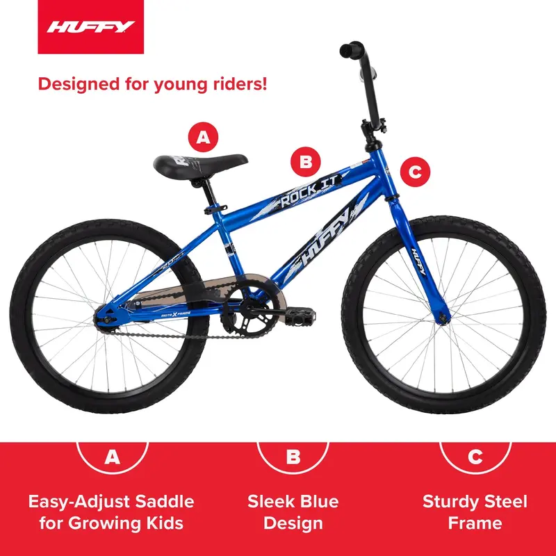 Huffy Rock It 20-Inch Kids’ Bike – Royal Blue Single-Speed Model with Removable Training Wheels for Riders 5 Years and Up