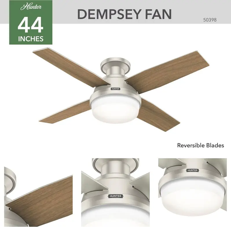 Hunter Dempsey Low-Profile Ceiling Fan – 44-Inch Matte Nickel Indoor/Outdoor Model with Integrated LED Light and Remote Control