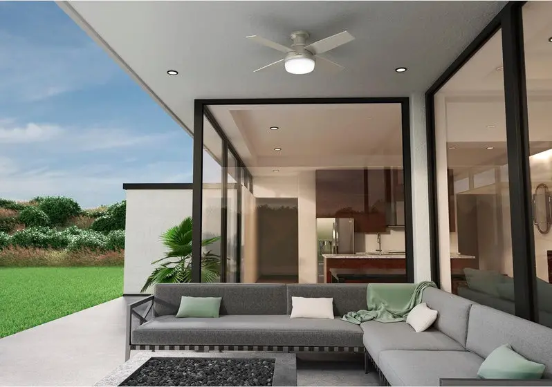 Hunter Dempsey Low-Profile Ceiling Fan – 44-Inch Matte Nickel Indoor/Outdoor Model with Integrated LED Light and Remote Control