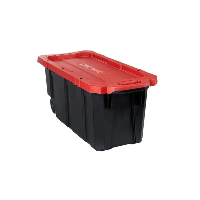Husky 45-Gallon Stackable Storage Tote with Wheels – Lockable Black Base & Red Lid for Secure Transport