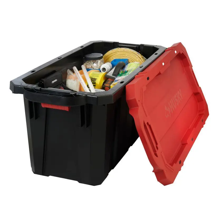 Husky 45-Gallon Stackable Storage Tote with Wheels – Lockable Black Base & Red Lid for Secure Transport