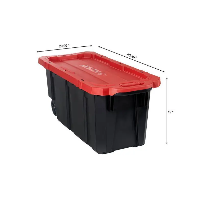 Husky 45-Gallon Stackable Storage Tote with Wheels – Lockable Black Base & Red Lid for Secure Transport
