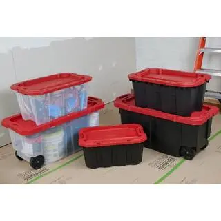 Husky 45-Gallon Stackable Storage Tote with Wheels – Lockable Black Base & Red Lid for Secure Transport
