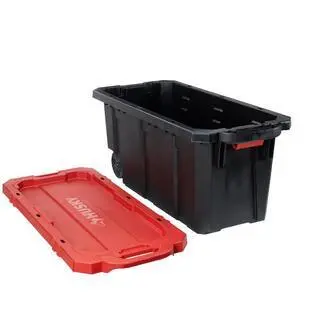Husky 45-Gallon Stackable Storage Tote with Wheels – Lockable Black Base & Red Lid for Secure Transport