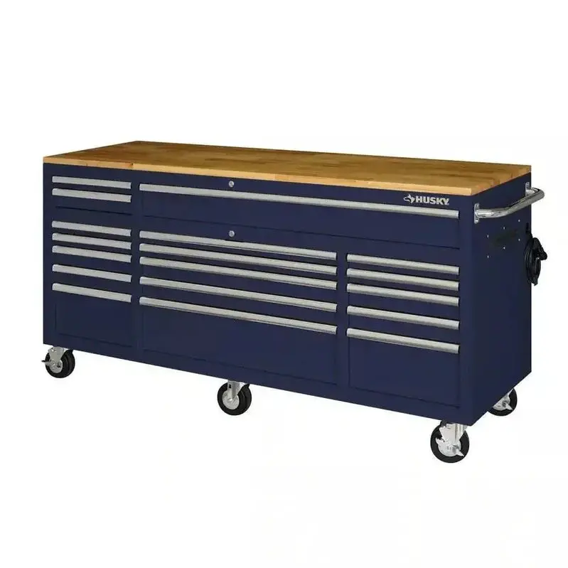 Husky 72" Heavy-Duty Mobile Workbench – 18-Drawer Rolling Cabinet with Solid Wood Top, Gloss Blue