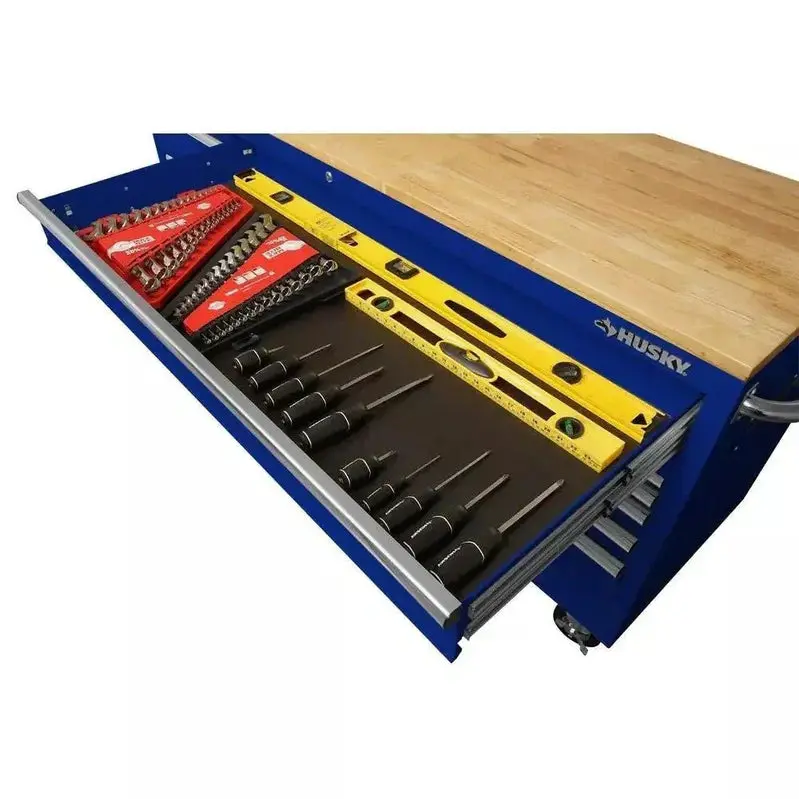 Husky 72" Heavy-Duty Mobile Workbench – 18-Drawer Rolling Cabinet with Solid Wood Top, Gloss Blue