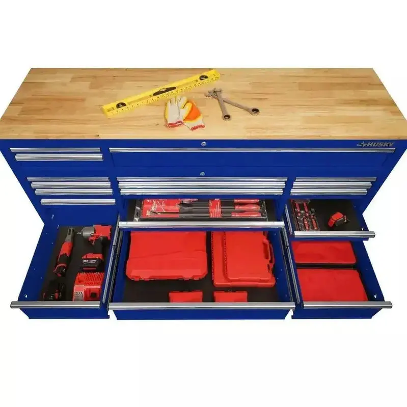 Husky 72" Heavy-Duty Mobile Workbench – 18-Drawer Rolling Cabinet with Solid Wood Top, Gloss Blue