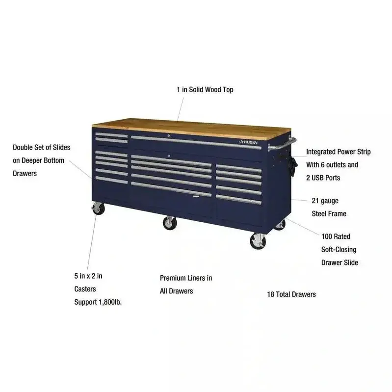 Husky 72" Heavy-Duty Mobile Workbench – 18-Drawer Rolling Cabinet with Solid Wood Top, Gloss Blue
