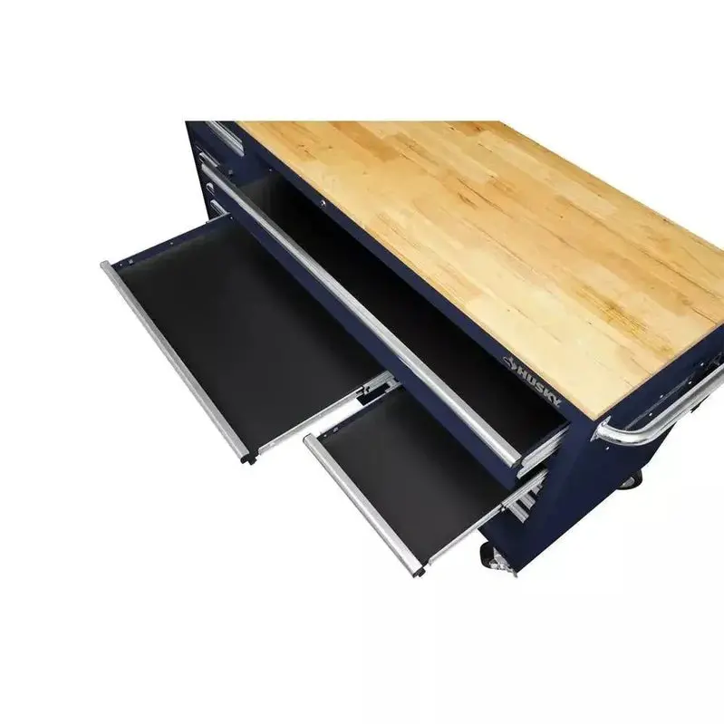 Husky Professional 72-Inch Rolling Workbench – Gloss Blue Finish, Solid Wood Surface, 18-Drawer Tool Organization