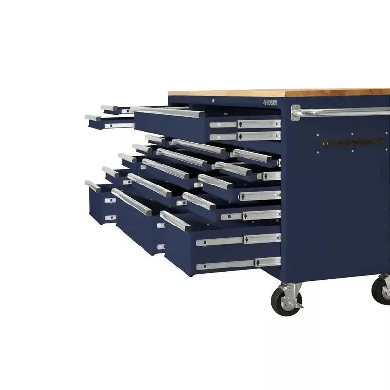 Husky Professional 72-Inch Rolling Workbench – Gloss Blue Finish, Solid Wood Surface, 18-Drawer Tool Organization