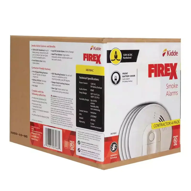 i4618 Hardwired Smoke Detector – 4-Pack Ionization Alarms, 120V AC Powered with 9V Battery Backup