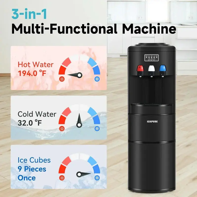 ICEPURE 3-in-1 Hot & Cold Water Dispenser – Built-in Ice Maker (26.5 lbs/24H), Top-Loading Design, Child Safety Lock, Black